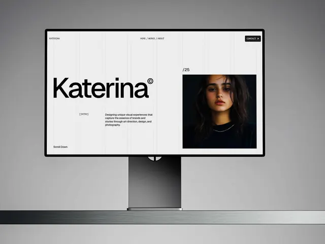 Portfolio website mockup with grid overlay, minimal, swiss, monochrome