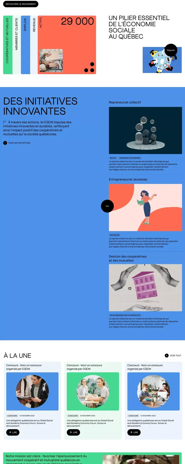 Multi-section digital layout with green and blue accents, minimal, flat, cool