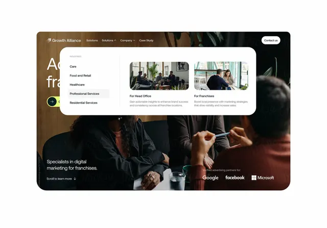 Growth Alliance franchise marketing interface: brown card over photography, corporate-clean, minimal, dark