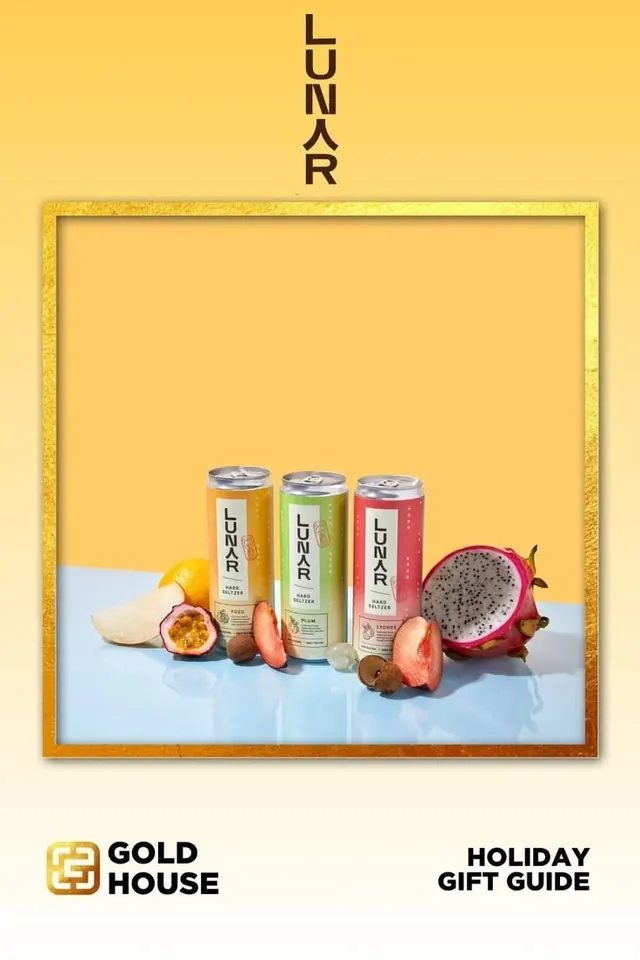Gold House beverage gift guide mockup, minimal, boxed, warm