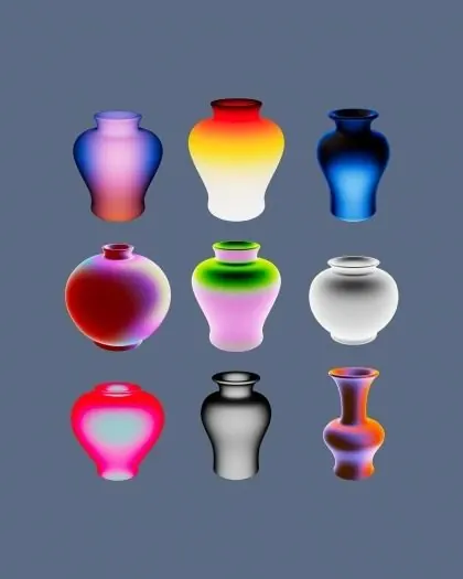 3D rendered gradient vases in a 3x3 grid, 3d-render, gradient-heavy, vibrant