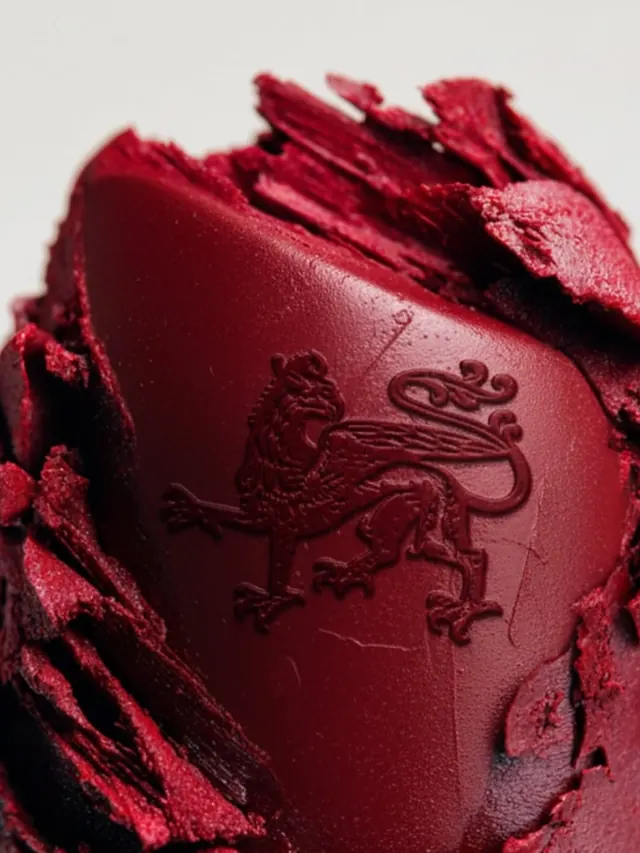 Crushed crimson lipstick with embossed griffin crest, photographic, luxury, dark