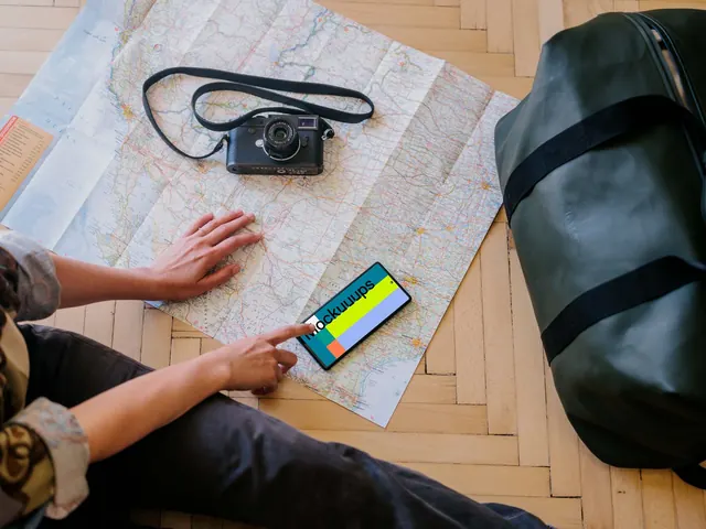 Travel flatlay with map and vintage camera, minimal, photographic, warm