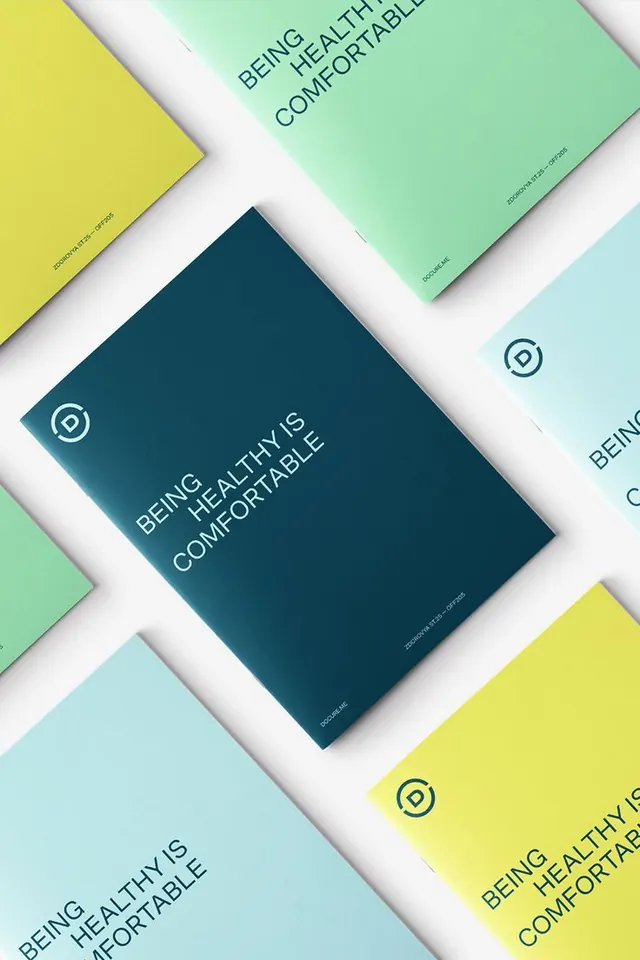 Diagonal stacked brand identity mockup, minimal, corporate-clean, light