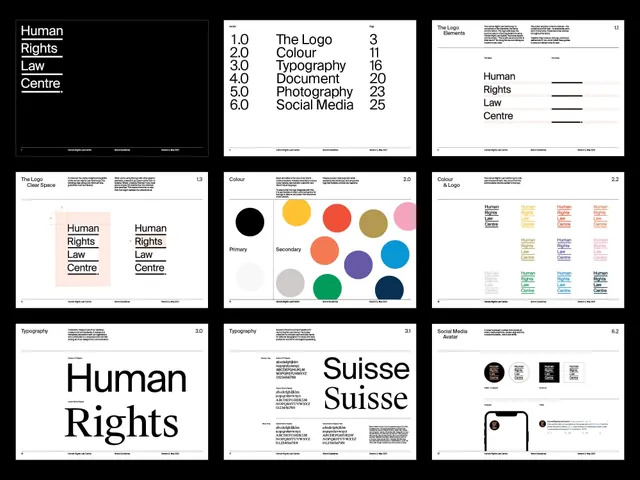 Human Rights Law Centre identity system guide, swiss, minimal, dark