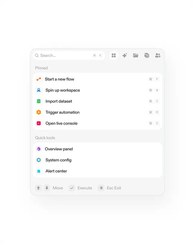 Developer command palette UI screen, minimal, flat, light