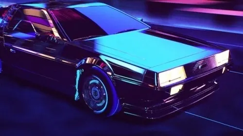 Neon-lit retro car illustration, 3d-render, neon, dark