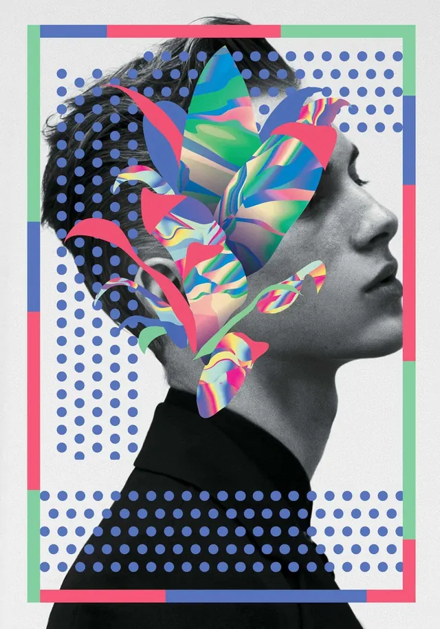 Collage Portrait with Abstract Graphics, maximalist, neo-brutalist, vibrant
