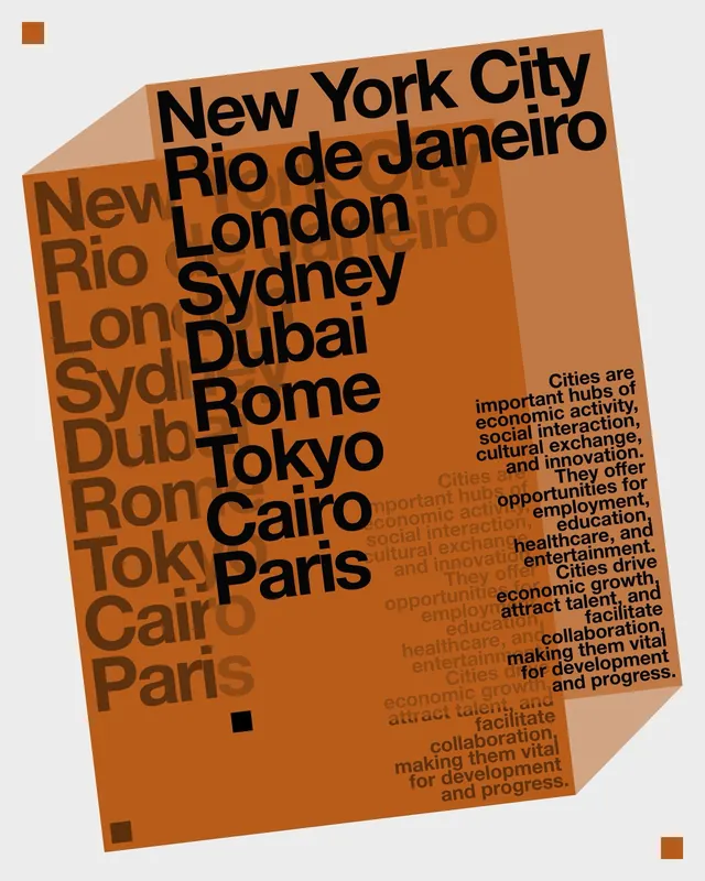 Typography Layout with City Names, swiss, minimal, high-contrast