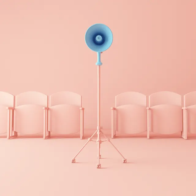 Pink Studio with Blue Microphone, minimal, 3d-render, vibrant