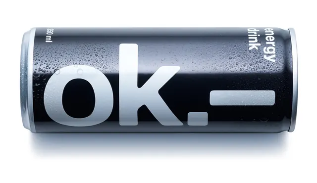 OK. Wordmark on Cylindrical Packaging, minimal, monochrome, high-contrast