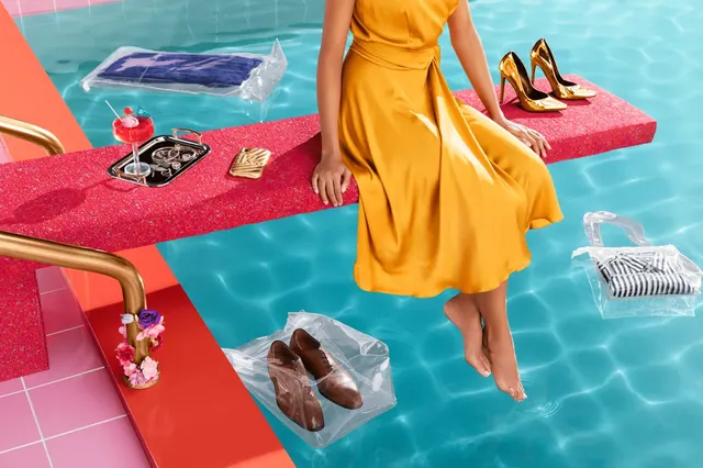 Surrealist Poolside Collage, maximalist, playful, vibrant