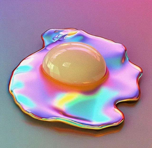 Iridescent Fried Egg 3D Render, 3d-render, gradient-heavy, vibrant
