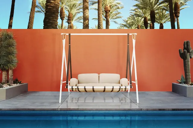 Outdoor Lounge Area with Orange Wall, luxury, photographic, vibrant