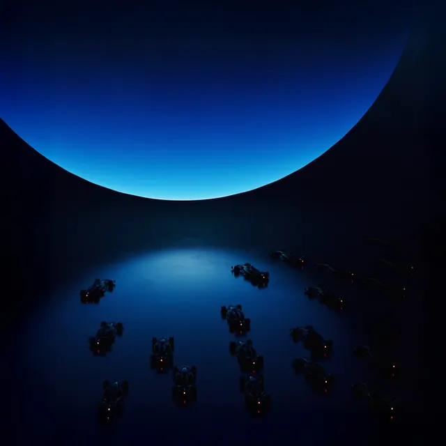 Abstract Blue Sphere and Floating Objects, 3d-render, dark-mode, dark