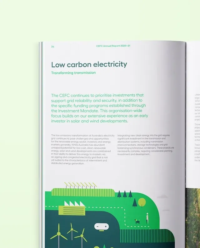 Sustainability report page with renewable energy landscape, corporate-clean, minimal, light