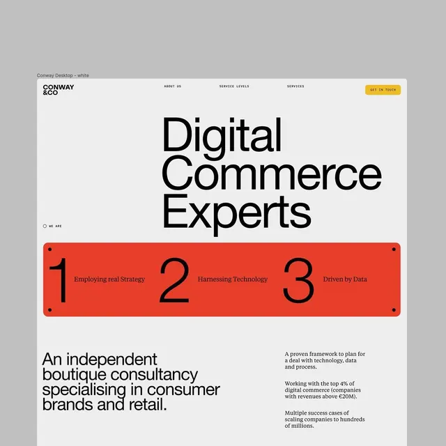 Consultancy homepage with numbered value pillars, minimal, corporate-clean, light