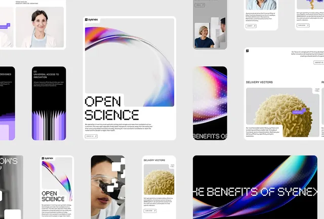 Synenex Open Science gradient collage with flowing shapes, gradient-heavy, abstract, cool