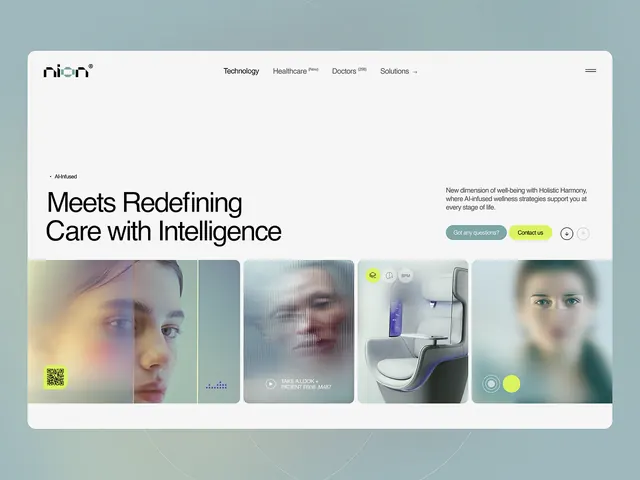 Healthcare tech landing page with portrait grid, minimal, corporate-clean, light