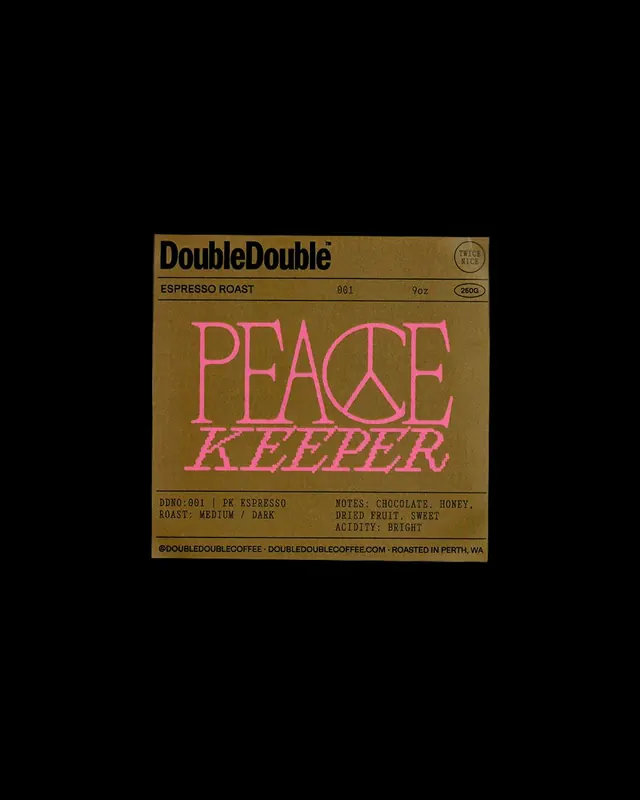 DoubleDouble Peace Keeper coffee label, retro, playful, earthy