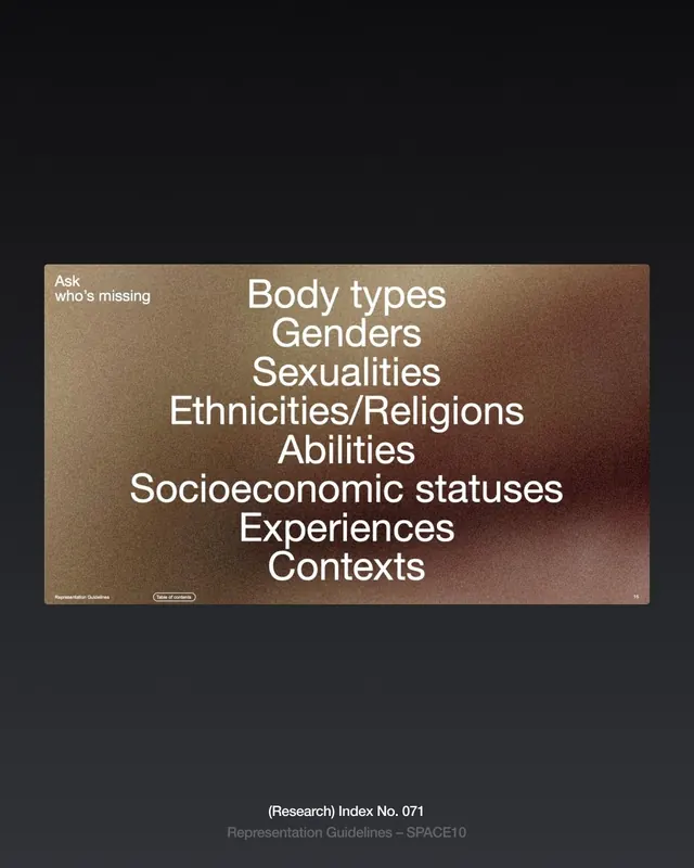 Representation Guidelines index page, minimal, corporate-clean, earthy