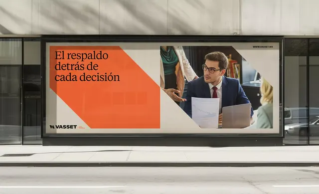 VASSET billboard with orange geometric accent, minimal, corporate-clean, light