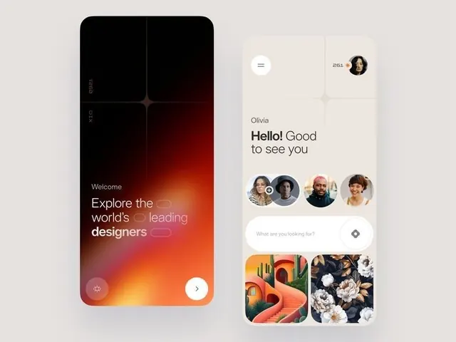 Mobile app onboarding with gradient welcome, gradient-heavy, minimal, dark