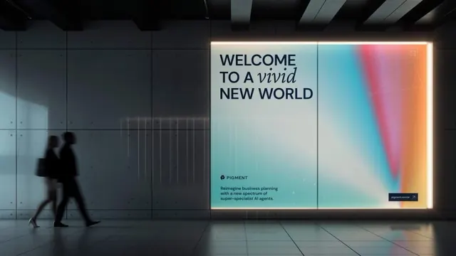 Backlit billboard with gradient and brand tagline, minimal, corporate-clean, light
