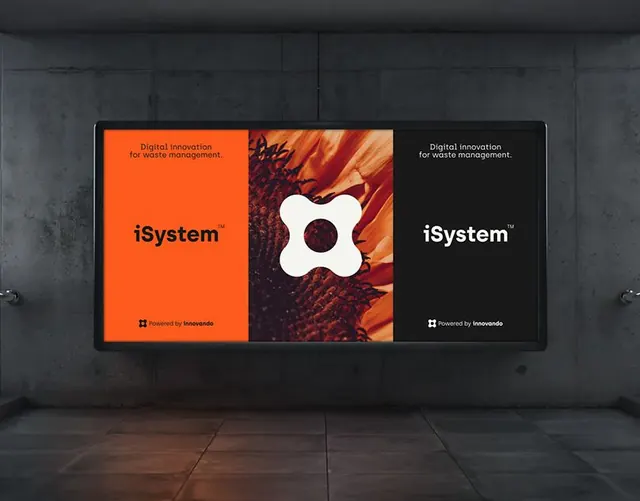 iSystem waste management brand display, minimal, corporate-clean, warm