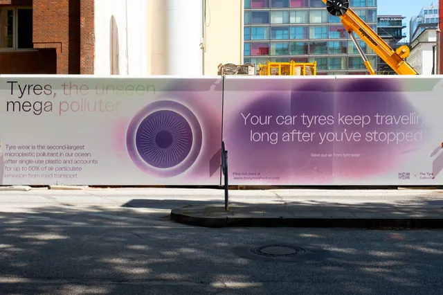 Minimalist tire-waste environmental billboard, minimal, corporate-clean, light