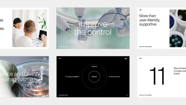 Technology-focused grid layout with scientific imagery, minimal, corporate-clean, dark