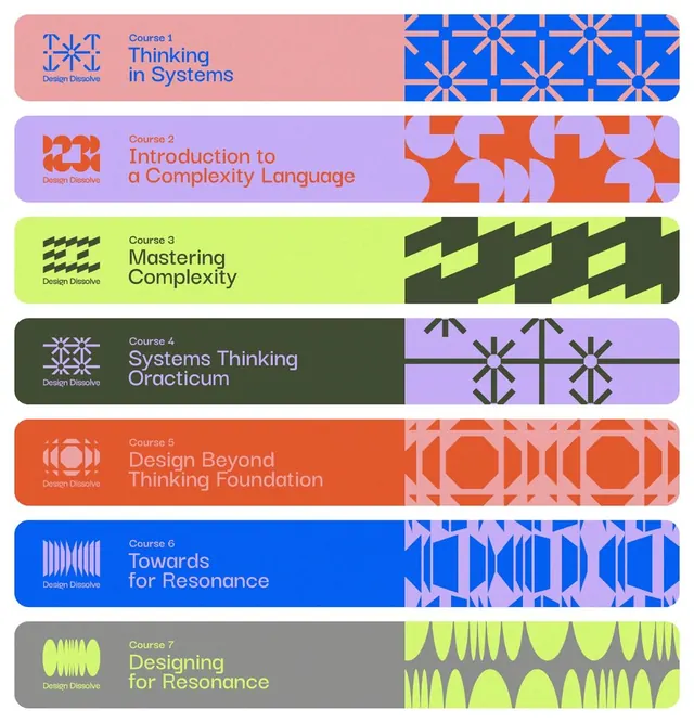 Design Discourse course catalog with geometric pattern bands, geometric, abstract, vibrant
