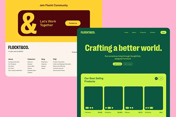 Bold color-blocked eco-brand system, flat, minimal, vibrant