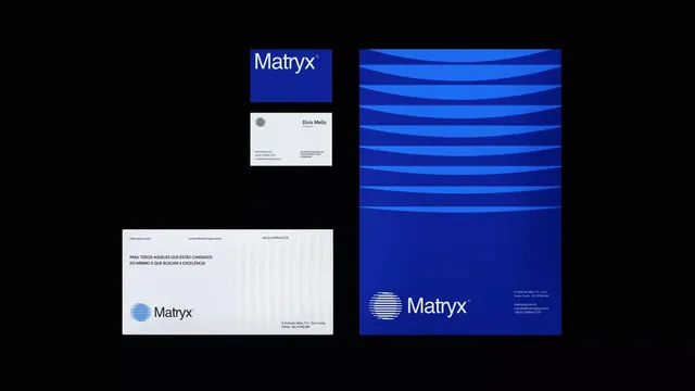 Matryx brand identity system with geometric wave motif, corporate-clean, minimal, dark