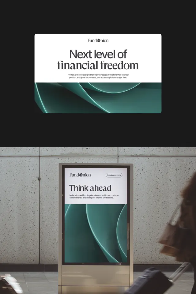FundMotion fintech branding with teal fluid graphics, minimal, corporate-clean, light