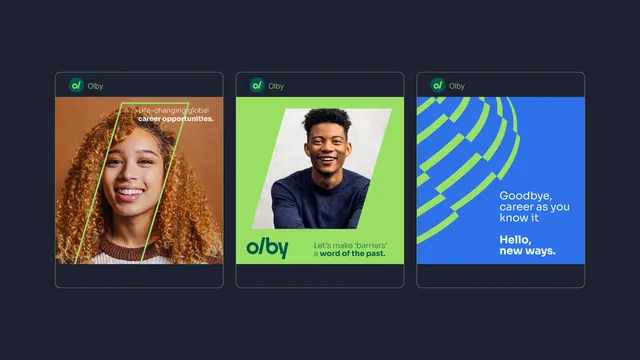 Three recruitment cards with neon color blocking, geometric, corporate-clean, vibrant