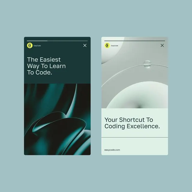 EasyCode dual-screen app mockup, minimal, corporate-clean, light