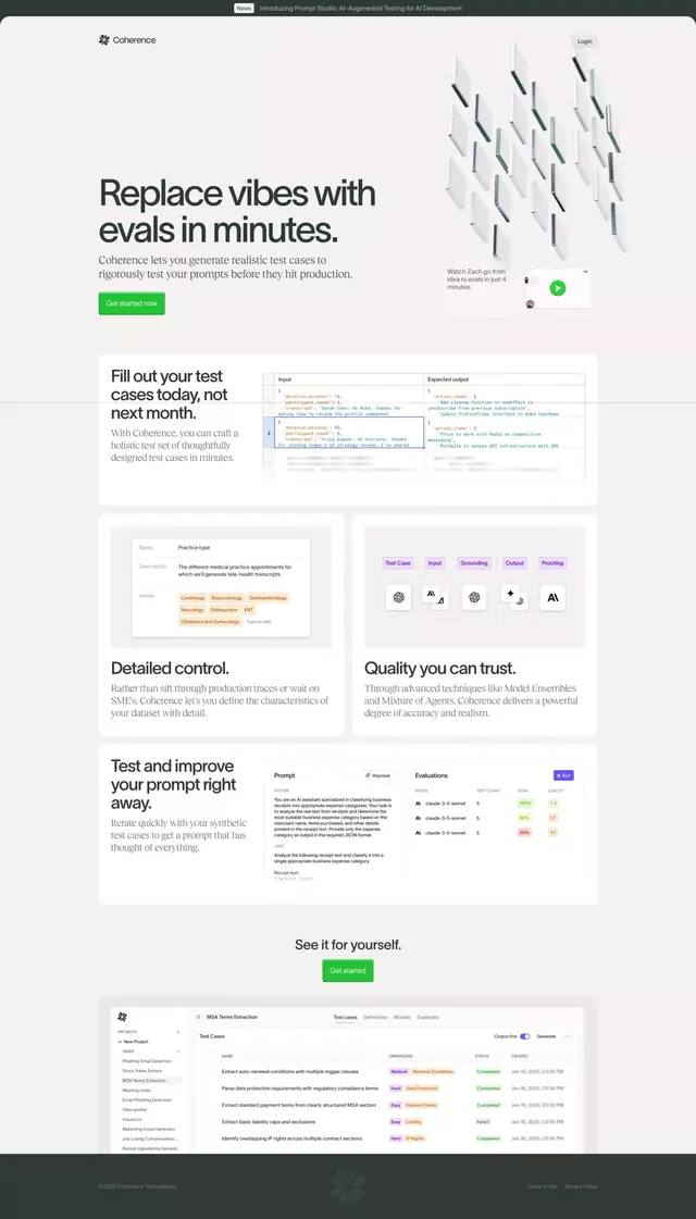 Coherence AI testing platform landing page, minimal, corporate-clean, light