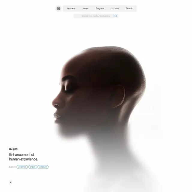 Augen wearable technology landing page, minimal, 3d-render, monochrome