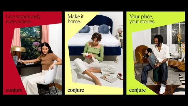 Conjure lifestyle campaign triptych, photographic, gradient-heavy, vibrant