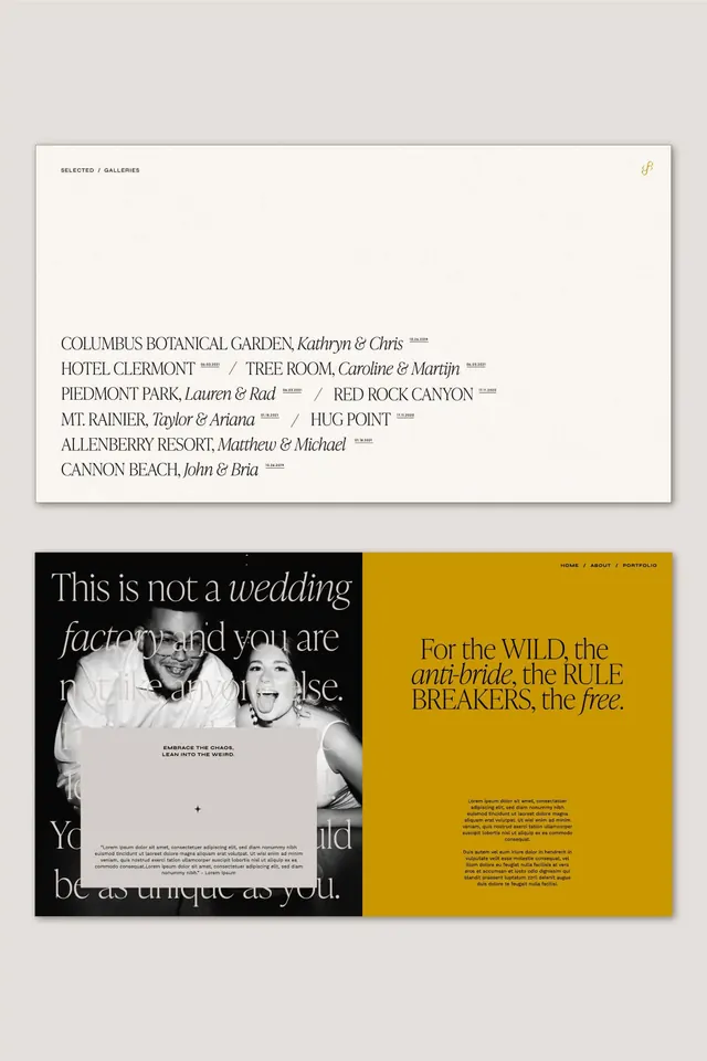 Wedding brochure with serif-italic callouts and ochre split, editorial, gradient-heavy, dark