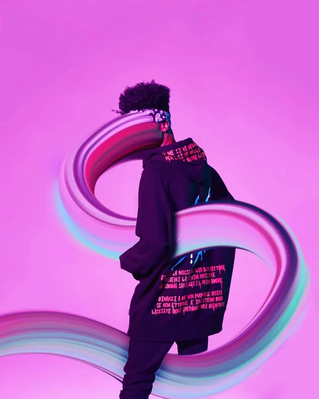 Abstract 3D Figure with Neon Rings, abstract, gradient-heavy, vibrant