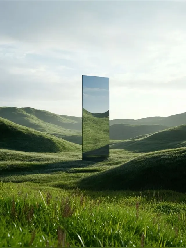 Reflective Monolith in Green Landscape, minimal, abstract, muted