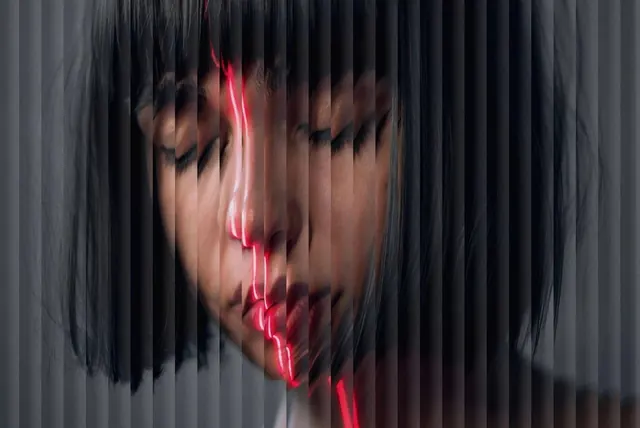 Glitch Portrait with Vertical Lines, brutalist, dark-mode, dark