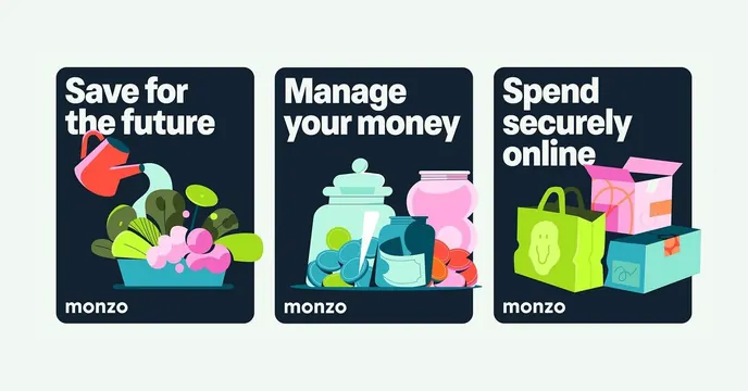 Monzo financial services icon cards, flat, minimal, dark