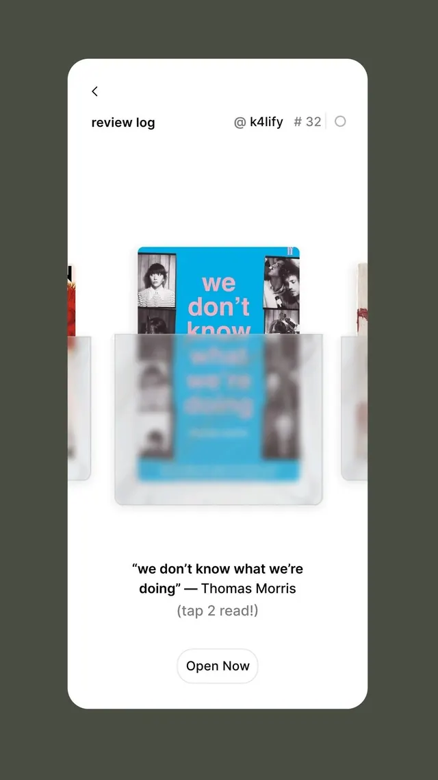 Card UI with magazine spread mockup, minimal, swiss, dark