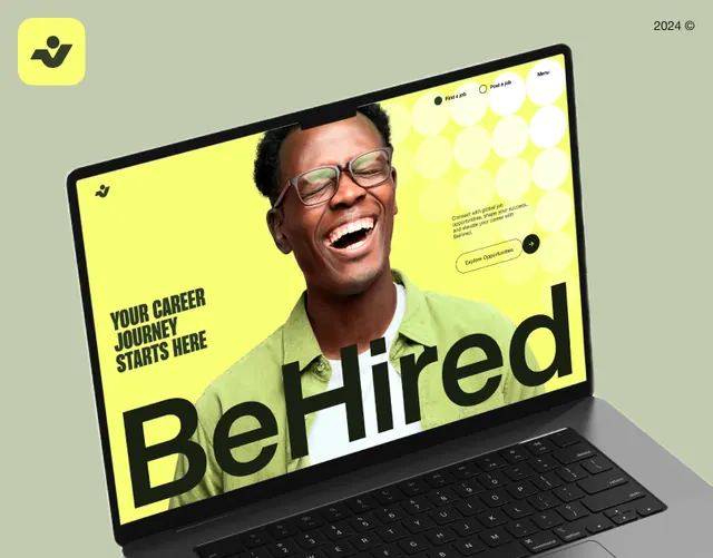 BeHired recruitment website mockup, minimal, corporate-clean, vibrant