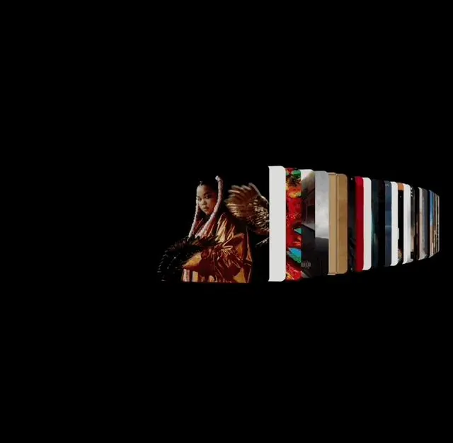 Figure with radiating book spines, photographic, illustrated, dark