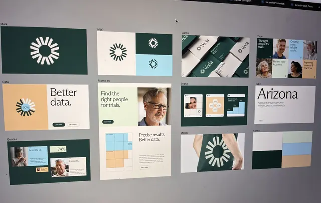 Healthcare brand identity system with dark green and cream palette, minimal, corporate-clean, light