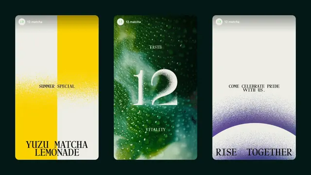 Three-card gradient type exhibition: yellow, green, and purple palette, minimal, gradient-heavy, vibrant